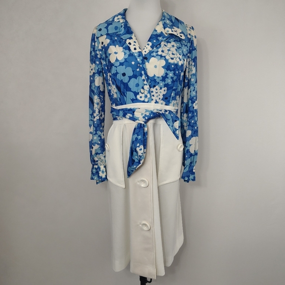 Vintage 70s Womens Blue and White Floral Mini Dress Mod - Picture 4 of 11